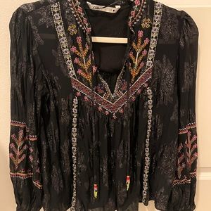 Zara Bohemian style black print blouse XS